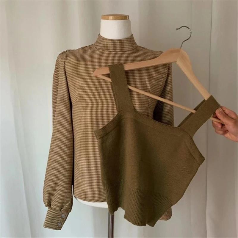 

2021 Women Elegant Sets Half Turtleneck Lantern Long Sleeve Pullover Blouse + Slim Knitted Short Vest Spring Autumn Tops ins