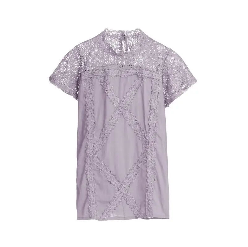 

Womens Summer Lace Hollow T-shirt Short-sleeved Patchwork Blouse Top