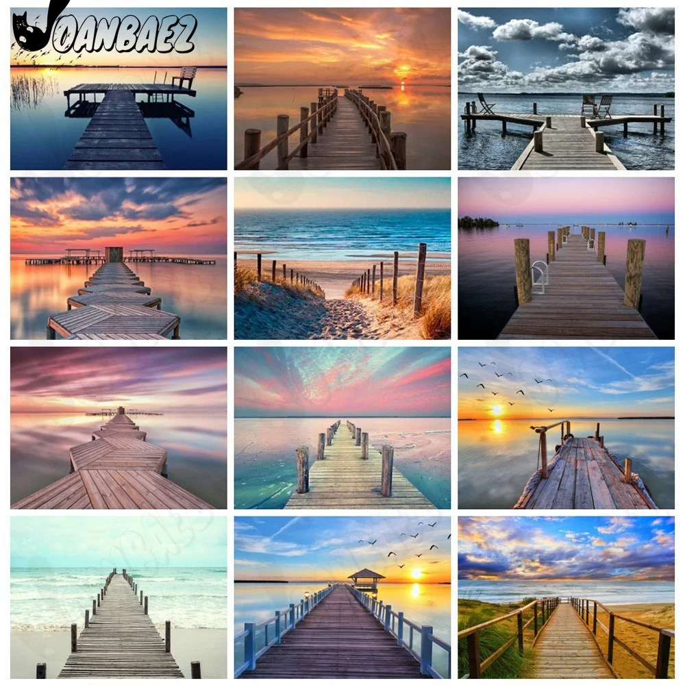

Seaside Wooden Bridge Landscape Diamond Painting 5D Diy Wall Art Abstract Sky Square Diamond Embroidery Inlaid Home Room Decor