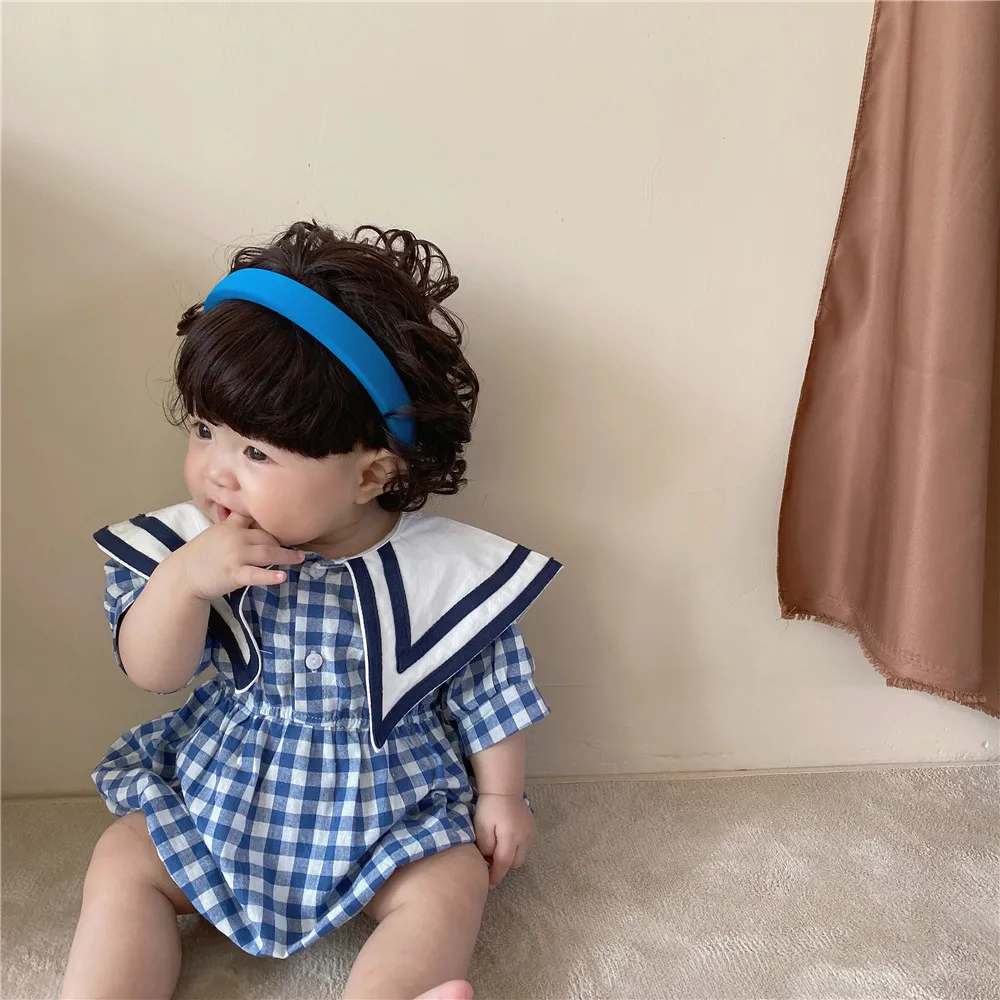 

Summer baby girls Bodysuit with large collar and short sleeves cloths plaid Bodysuit baby girl outfit