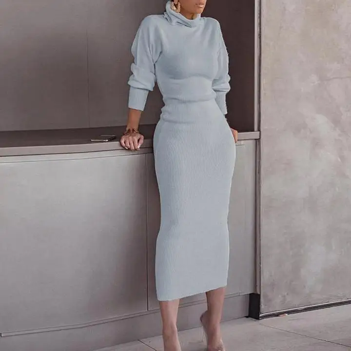 

Zoulv Women's 2020 New Solid Color Casual Elegant Office Commuter High Neck Waist Knit Dress Thread High Waist Slim Knit Dress