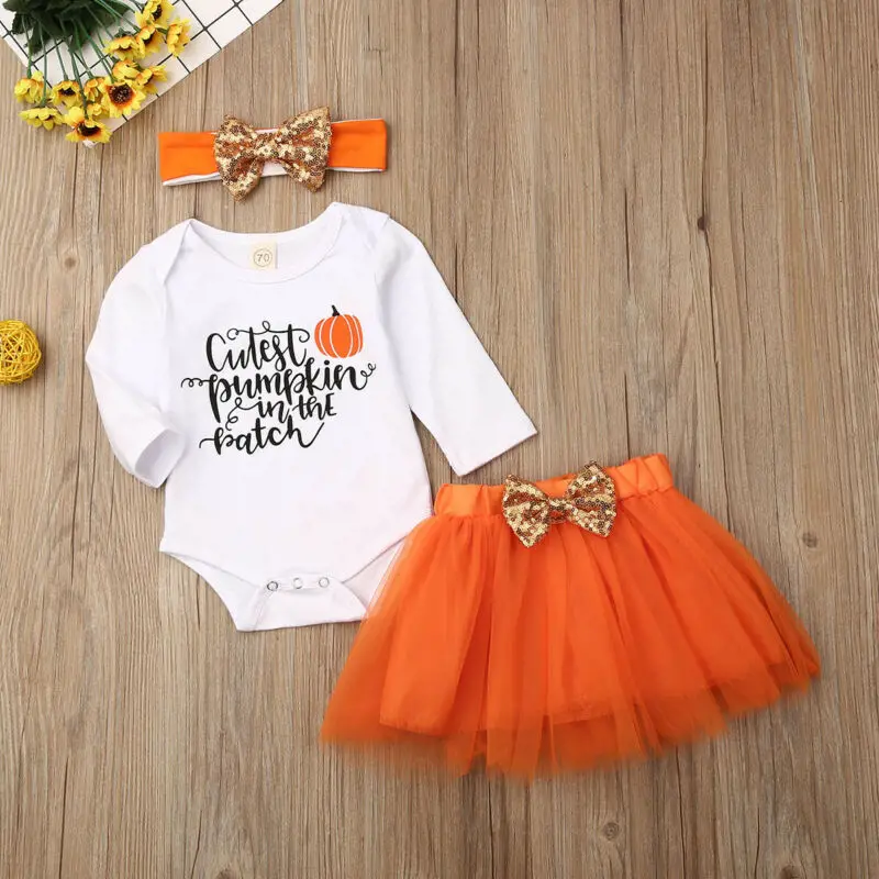 

Newborn Baby Girls Pumpkin Romper Tutu Skirts Headband Halloween Outfits 3PCS