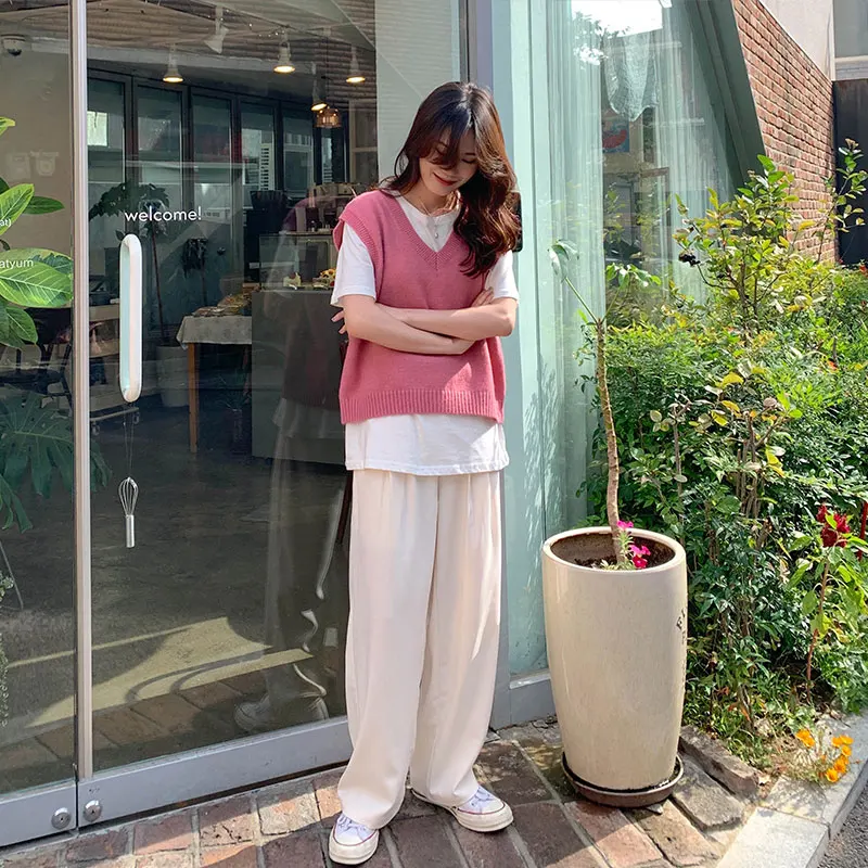 

2020autumn and winter korean style v neck knitted solid color sleeveless vest sweaters womens pullovers womens