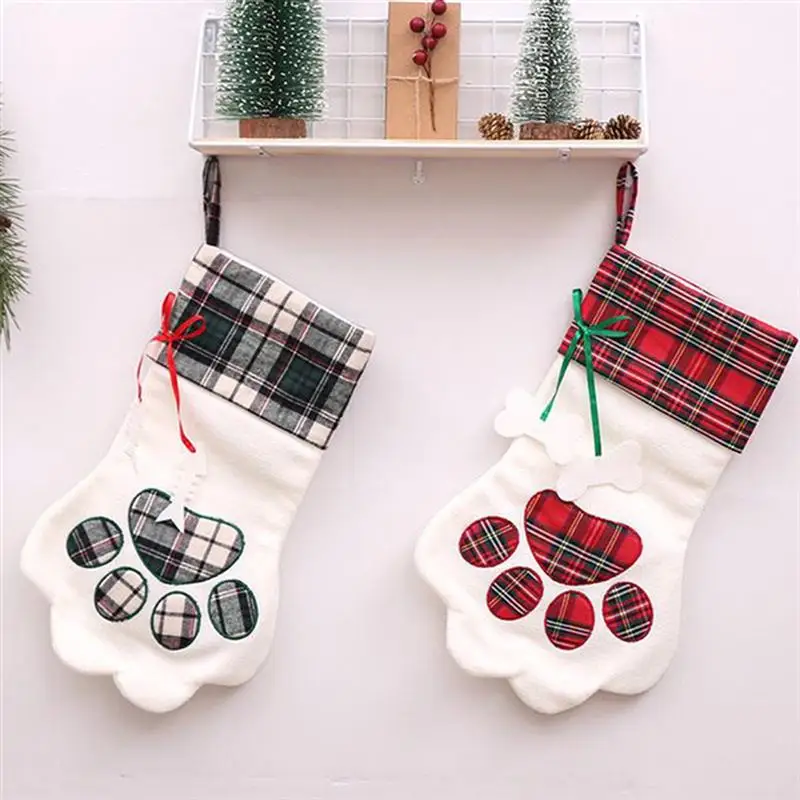

Christmas Stockings Gift Bag Decor for New Year Plaid Christmas Gift Bags Pet Paw Stocking Socks Xmas Tree Hanging Pendant