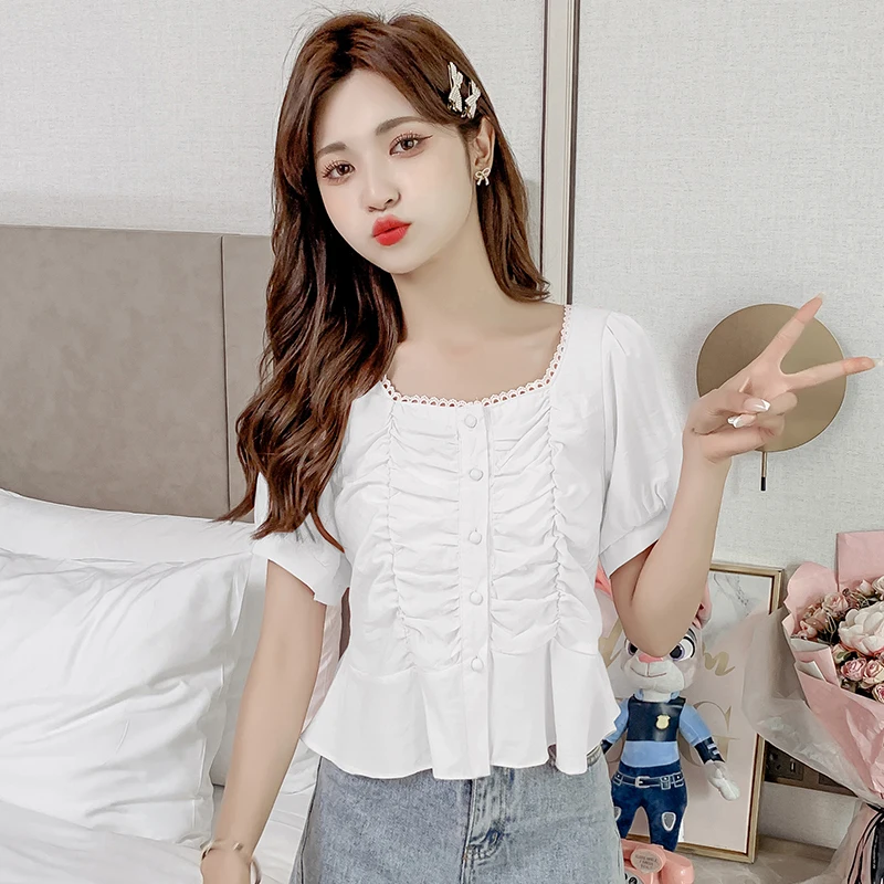 

Square Collar Short Sleeve Shirt Women's Fashion Waist-Controlled Summer New French Style Temperament Short All-Matching Shirt