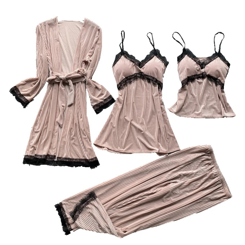 Пижама женская шелковая с аппликацией комплект из 4 предметов пикантная