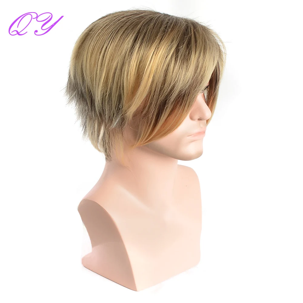 Natural Short Straight Synthetic Men Wigs Ombre Blonde Dark Root Color For Man Wig Side Part Fashion Male Party Or Cosplay Hair