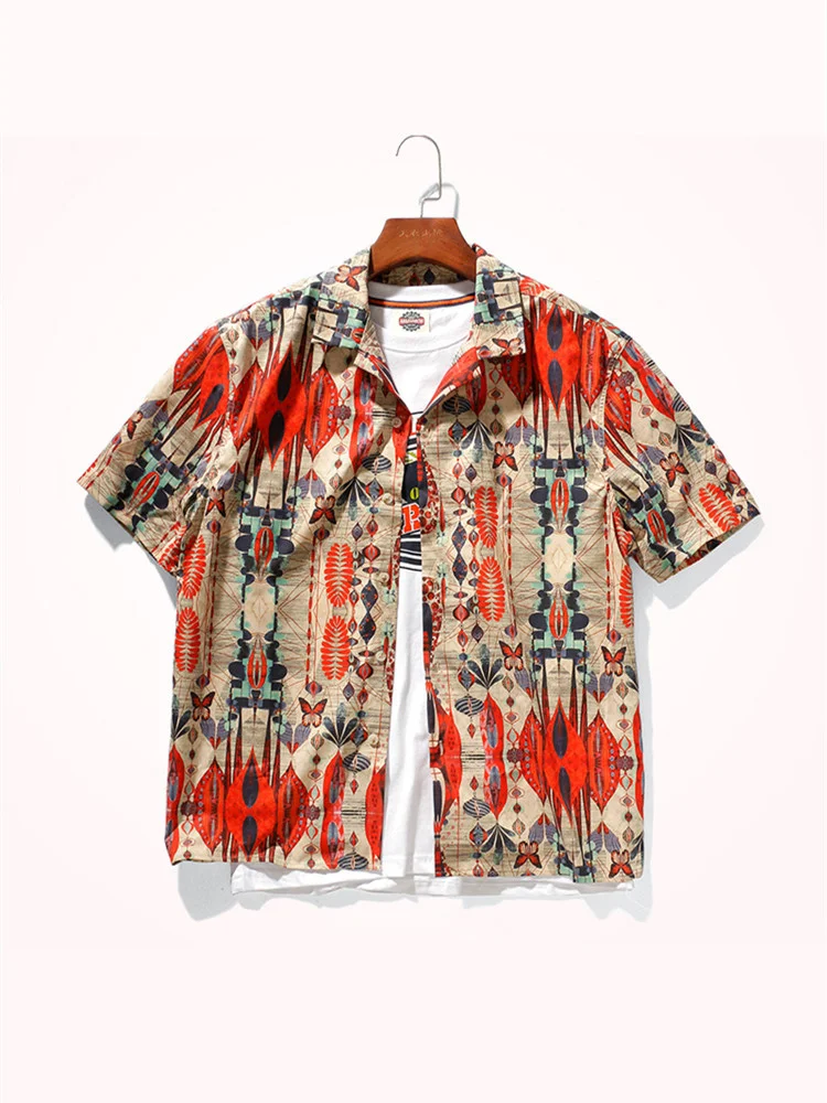 

2021 Summer Personalized Printed Shirt Men's Trendy Short-sleeved Loose OVERSIZE Style Fashion Street Off-shoulder Sleeve Shirt