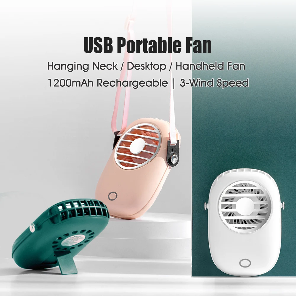 

USB Mini Portable Fan with Strap Hanging Neck/Desktop/Handheld Fan 3-Wind Speed 30dB Low Noise Type-C Fans with Stand