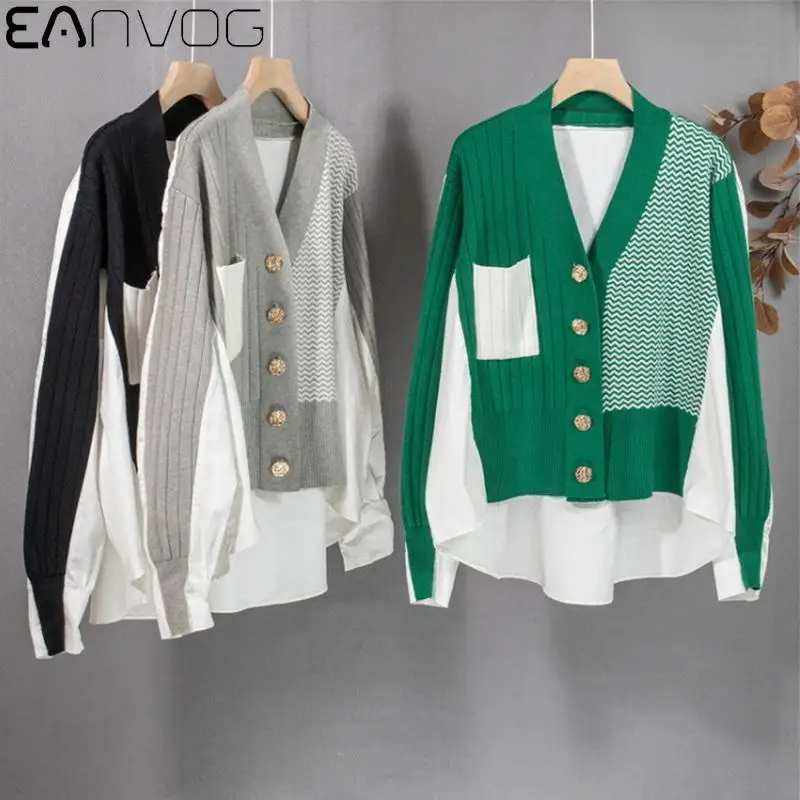 

Women Patchwork Cardigans Sweater Fashion Irregular Autumn Knitted Buttons Chic Korean Loose Winter Female Long Sleeve Tops