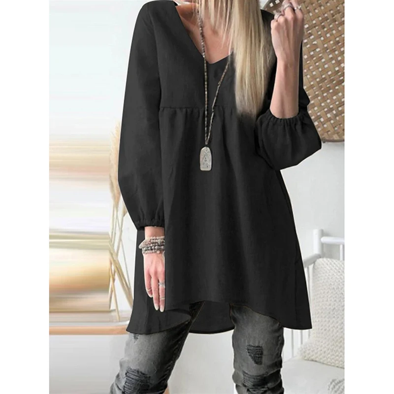 

Женское однотонное платье-мини с V-образным вырезом и длинным рукавом