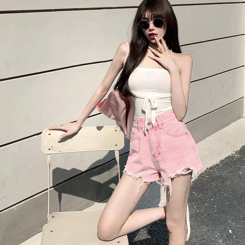 

Women's Denim Shorts Ripped Pink High Waist Shorts Female Plus Size Sexy Summer Beach Hot Pants Chic Streetwear Jeans