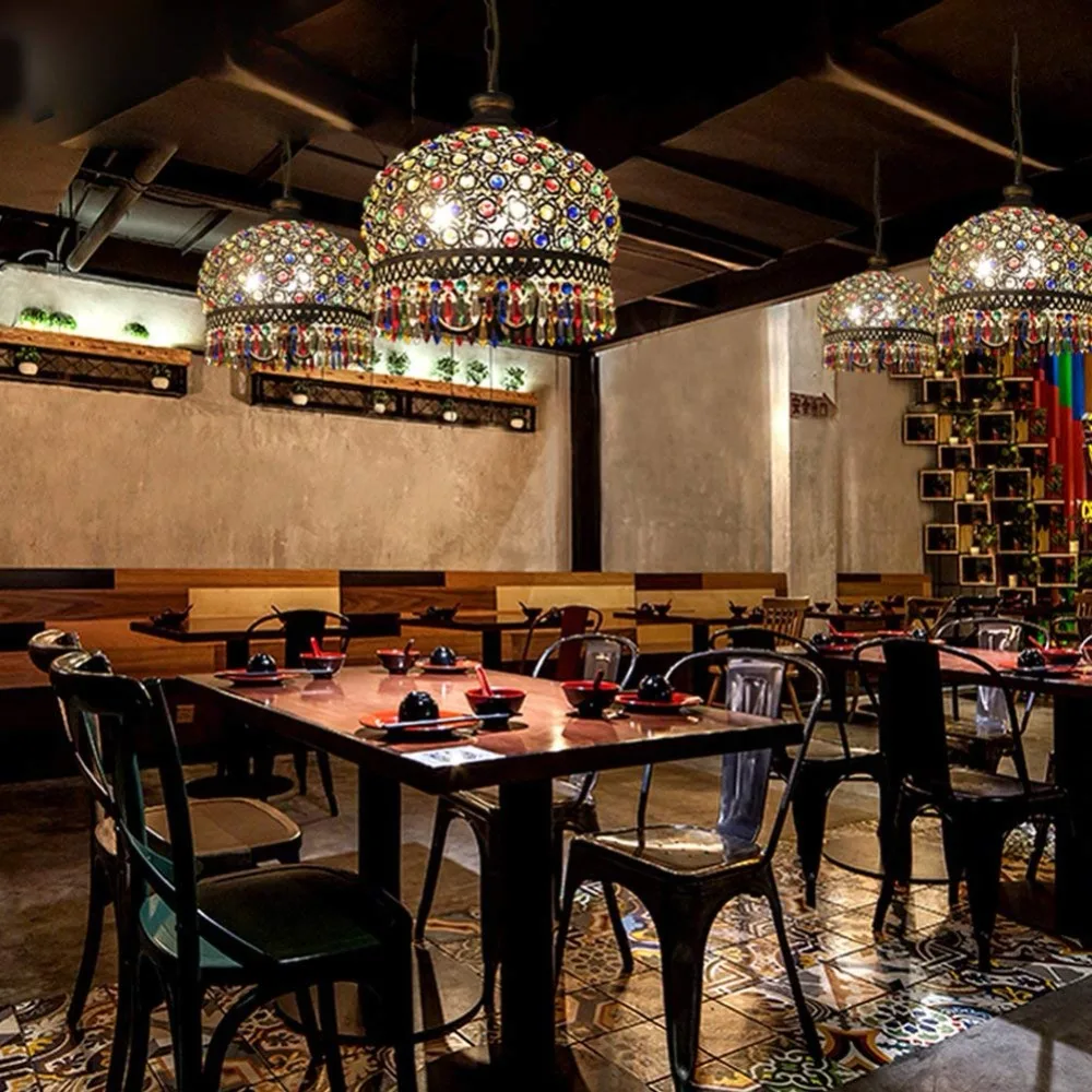 

Bohemian Crystal Pendant Light Fixture Mediterranean Wrought Iron Pendant Lamp for Living Room Bedroom Restaurant Clothing Shop