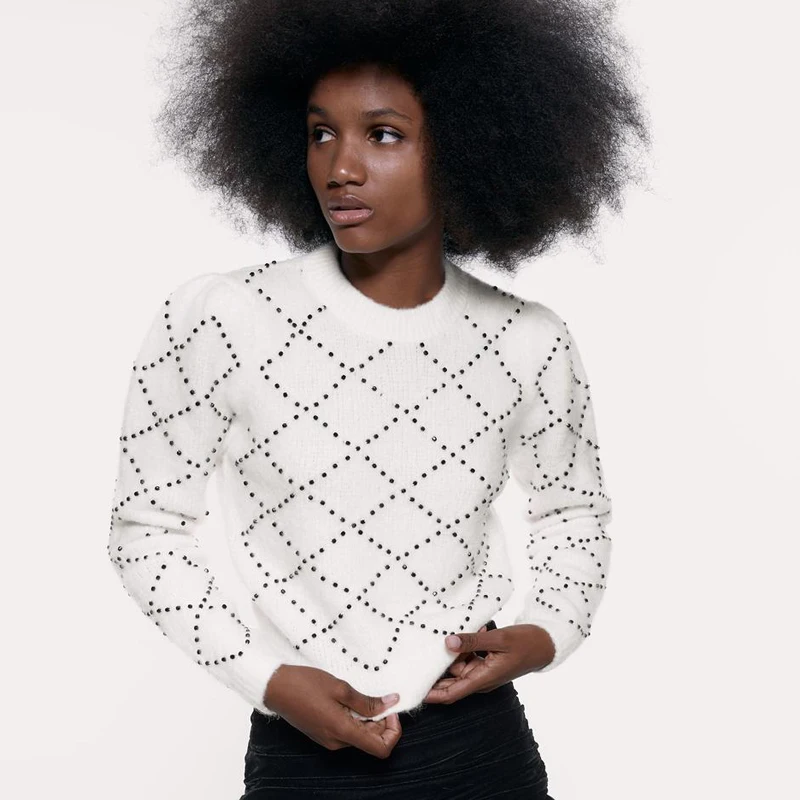 ZOEPO Beading Sweaters Women Fashion Autumn Casual O Neck Sweater Women Elegant Slim Long Sleeve Sweaters Female Ladies LE