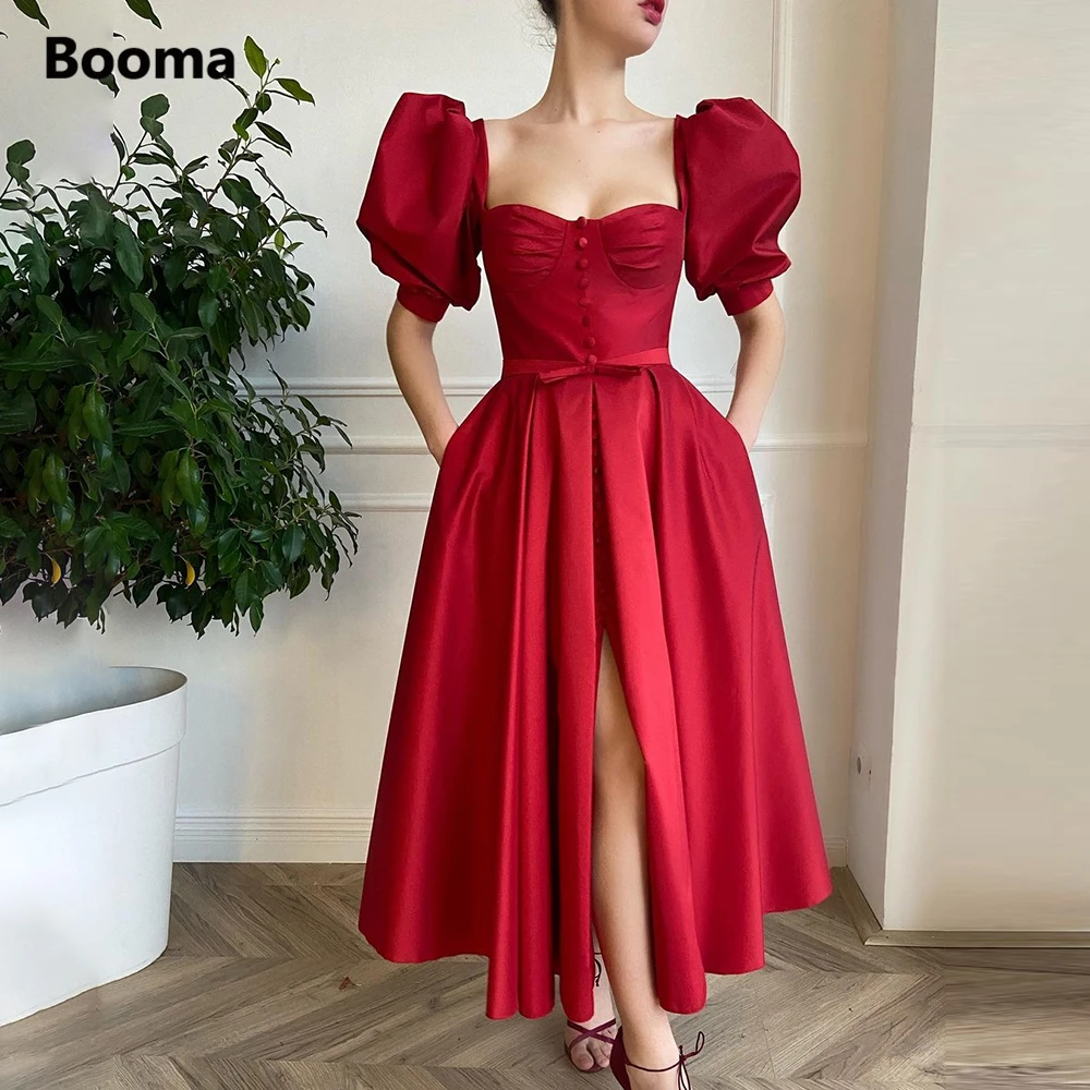 

Booma Elegant Red Short Prom Dresses Puff Sleeves Front Slit Buttoned Prom Gowns with Pockets Tea-Length Wedding Party Dresses