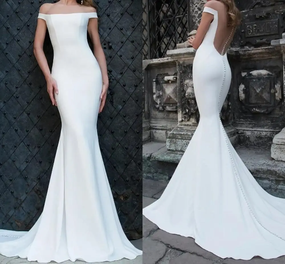

Винтажные атласные свадебные платья русалки с открытыми плечами, иллюзия пуговиц на спине, свадебные платья vestidos de mairage