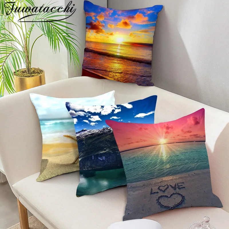 Чехол для подушки Fuwatacchi с изображением океана пляжа реки заката дерева цветов