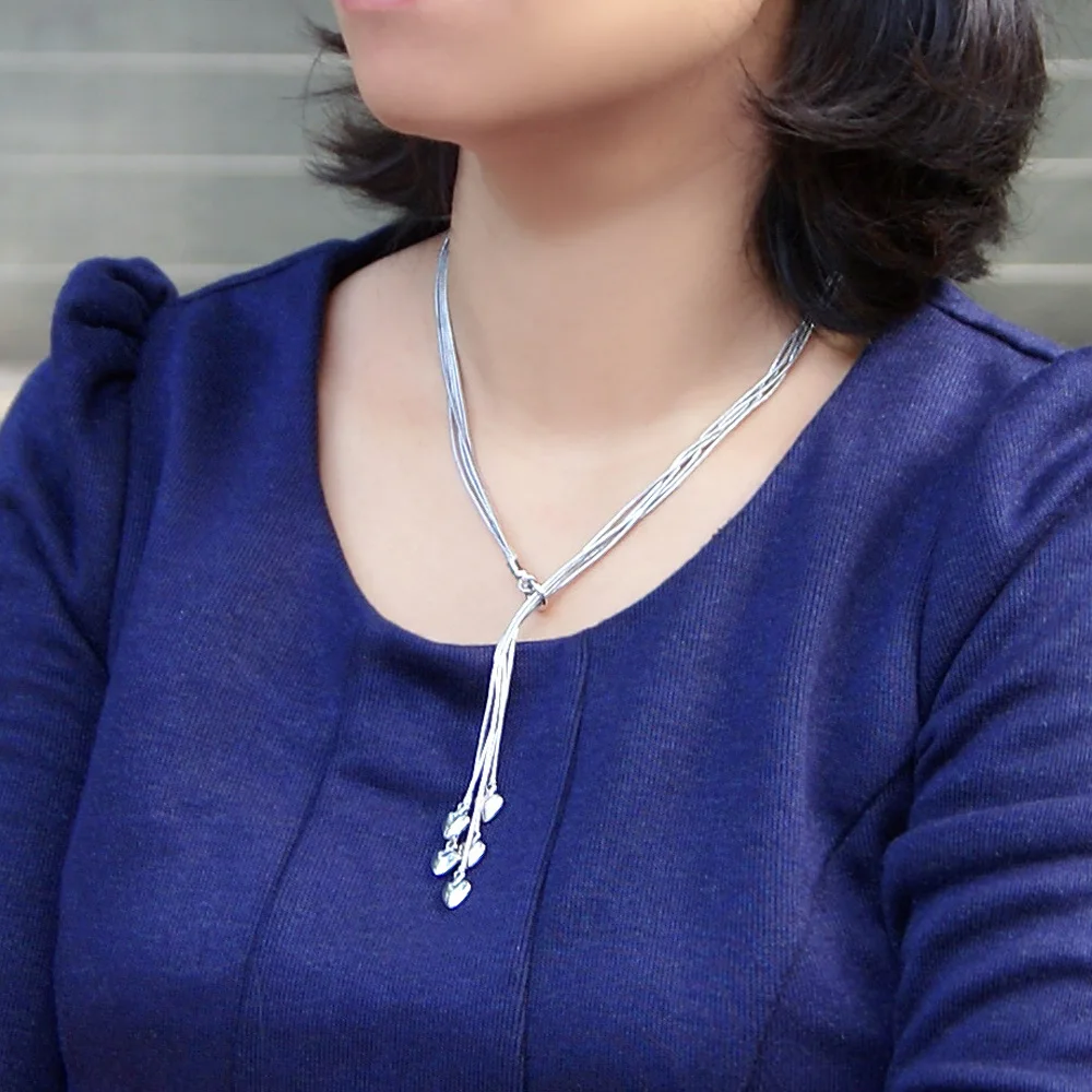 Мода 925 Серебряное ожерелье для женщин с кисточками сердце подвеска цепочка