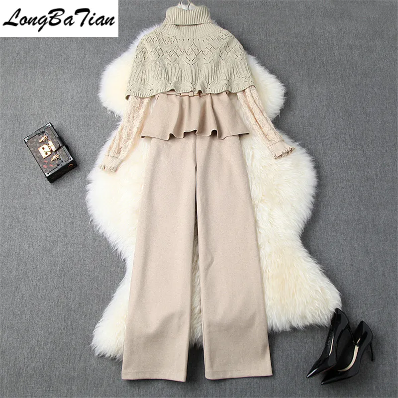 

Winter Wool knit Hollow Out Cloak Lace Full Sleeve Ruffles Hem Top Wide Leg Pants 3 Piece Women Patry Pant Set