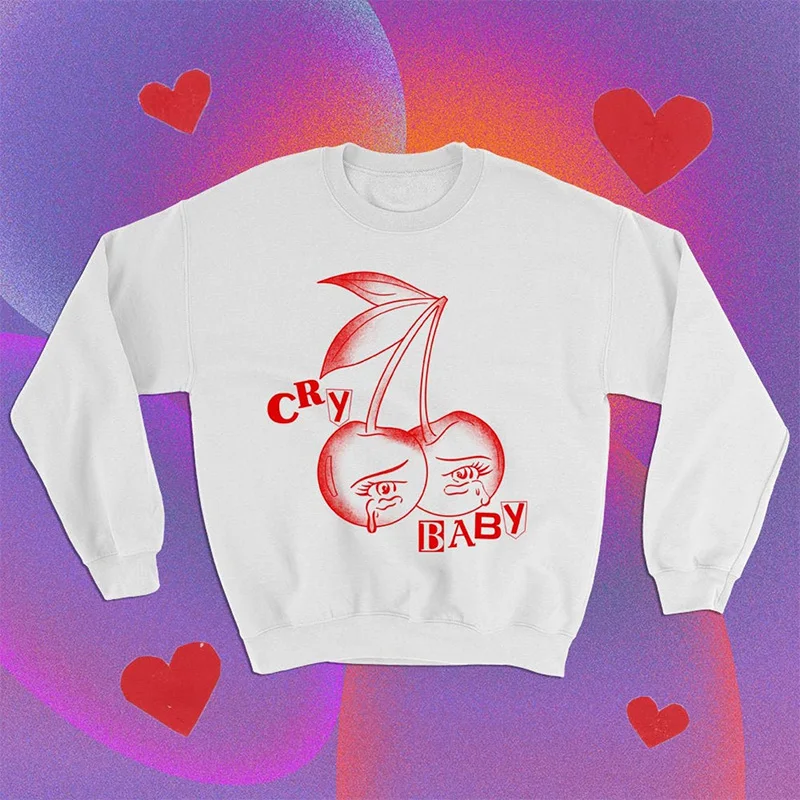 

2021 Autumn Winter New Cry Baby Cherry Printed Funny Sweatshirts For Women White Thick Warm Clothing Loose Graphic Pullover