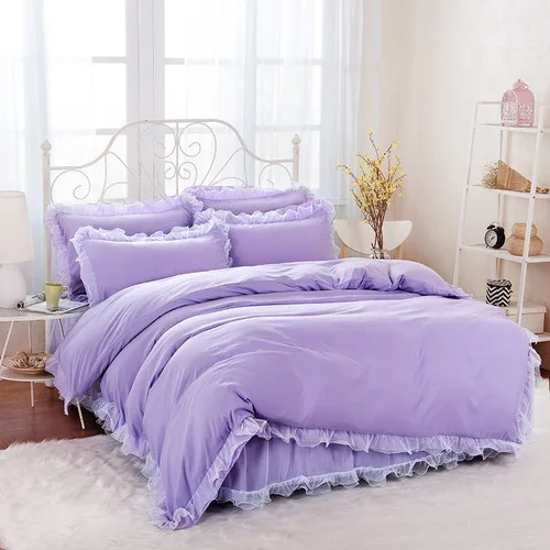 Purple Комплект постельного белья в Корейском стиле, кружевное постельное покрывало принцессы, пододеяльник из 2 предметов, наволочки, 4 предмета в партии, комфортный комплект из пушистой пряжи, противоскользящий - Цвет: Purple