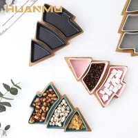 2022 christmas tree snack plate ceramic dessert special dishes tableware fruit plates 3 grids with wooden pallet candy dish new