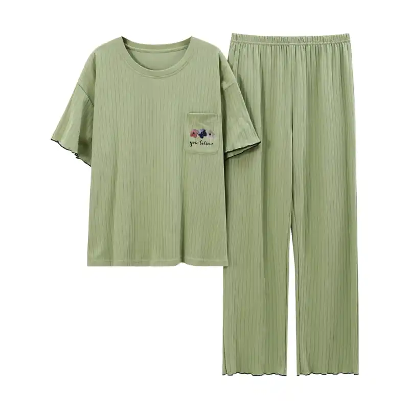 

Summer Autumn Ladies Cotton Short Sleeve Nightdress Pajamas Trouser Green Suit Thin Section Home Service Set Woman Clothes