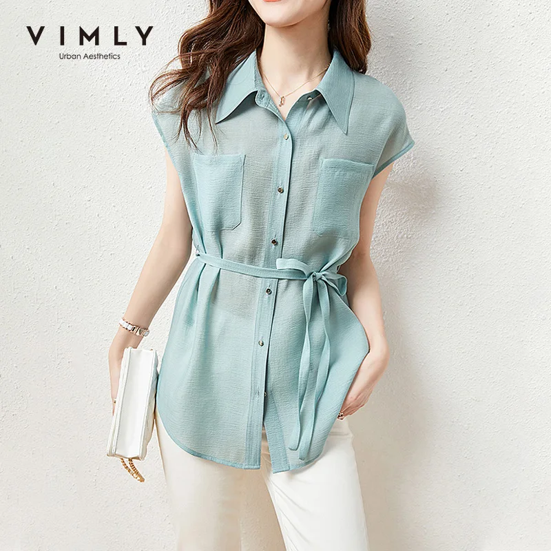 

Рубашка VIMLY Женская Офисная на пуговицах, Элегантная Модная Свободная блузка с коротким рукавом, Длинный топ, F7058
