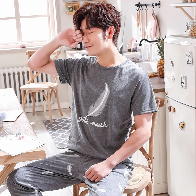 Мужская Хлопковая пижама с короткими рукавами Повседневная Пижама в полоску