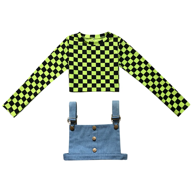 

2021 Children'S Day Lattice Tops Fluorescent Green Pants Suit Hip Hop Dance Costumes For Girls Jazz Performance Costumes 120-170