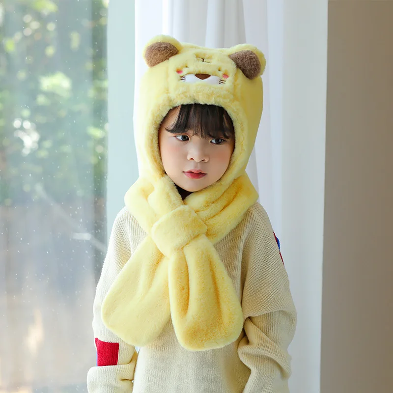

Children's Bear Hat Bib One Female Winter Hooded Girl Baby Winter Cute Bear Plush Ear Scarf