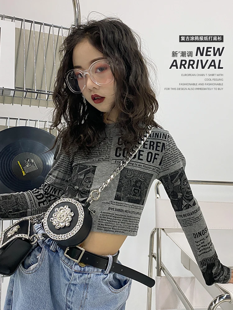 

Girls Retro Printed Newspaper T-shirt Bottoming Shirt 2021 Spring New Children's Slim Short Long-sleeved Top Trend girl clothes