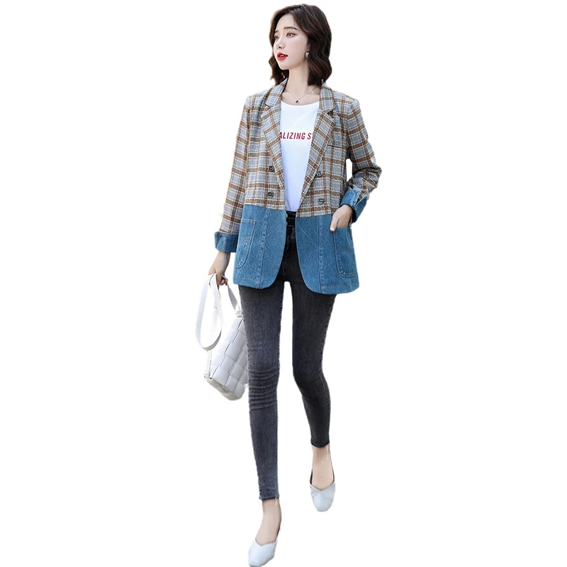 

Plaid ladies suit spring 2021 new Korean style slim denim stitching jacket