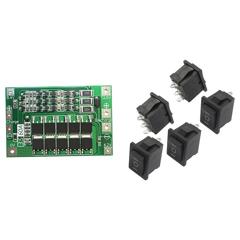 

RISE-5 Pcs SPDT On/Off/On Mini Black 3 Pin Rocker Switch & 1X 3S 60A Bms Board Lithium Li-Ion 18650 Battery Protection Board