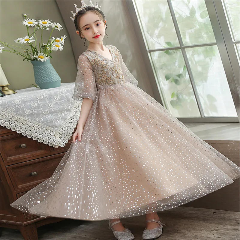 Summer Luxury 2021New Children Girls V-Collar Neck Birthday Evening Party Princess Lace Dress Kids First Communication Host Wear | Детская