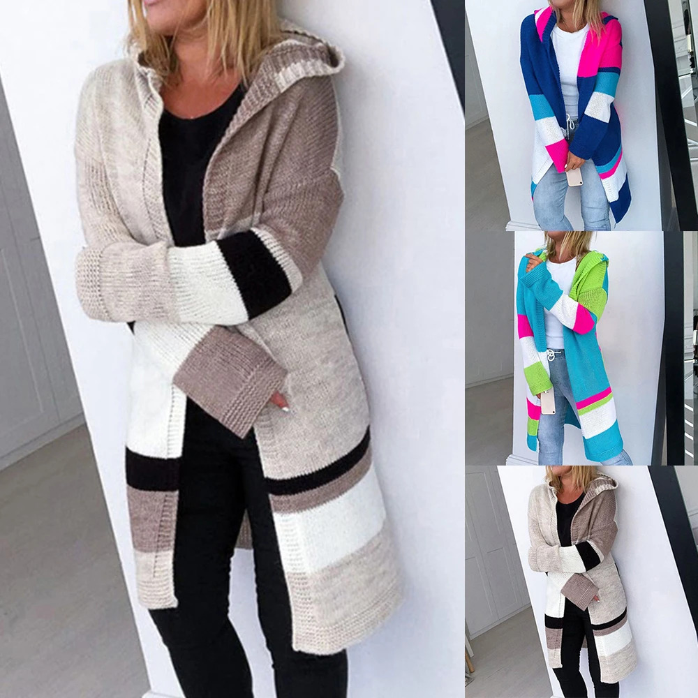 

2020 Autumn Winter Women New Long Cardigan Coat Female Knitted Patchwork Hooded Long Sleeve Cardigans Feminino Mujer