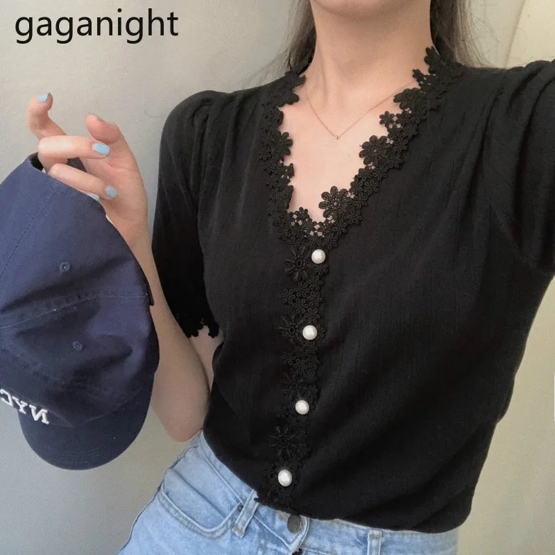 Gaganight Fashion Women Lace Knitted T Shirt Short Sleeve Cardigan Stretchy Office Lady White Black Tshirt Slim Korean Tshirts | Женская