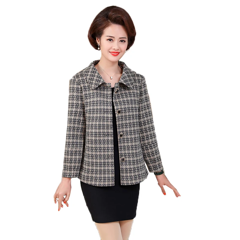 

New 2020 Spring Autumn Coat Blended Woolen Women Lattice Jacket Single-breasted Check Wool Jackets Outerwear Mother Dress K711