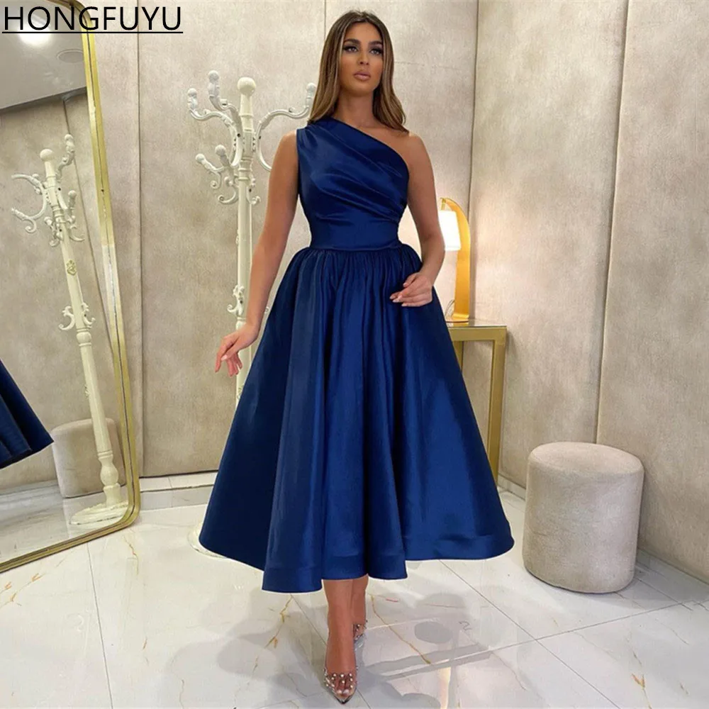 

HONGFUYU 2021 Elegant Red Satin Prom Evening Dress Tea Length One Shoulder graduation robes Short Formal Party Gowns