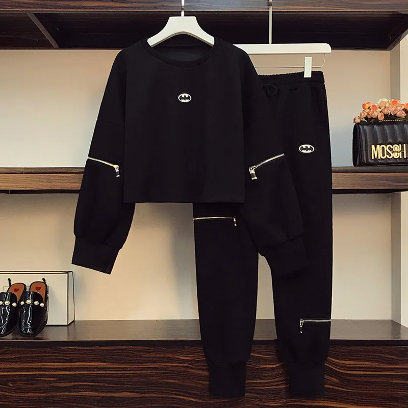 

Зимний женский теплый черный спортивный костюм, свитер, топ и брюки, подходящий комплект одежды, повседневный комплект из двух предметов, же...