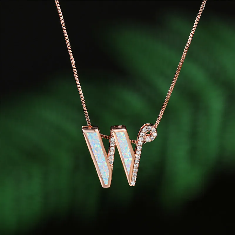

Simple Female Letter M Pendant Necklace Classic Rose Gold Color Chain Necklace For Women Luxury Crystal Opal Wedding Necklace