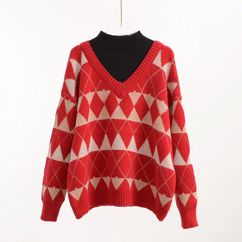 

2021 New Retro Diamond Plaid Sweater Women Fake Two-piece Half Turtleneck Loose Leisure Jumper Lazy Fashion Female Knitting Tops