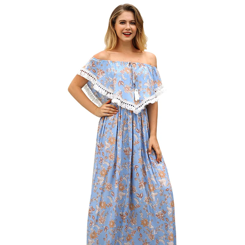 Женское длинное платье в богемном стиле свободное пляжное с оборками вырезом