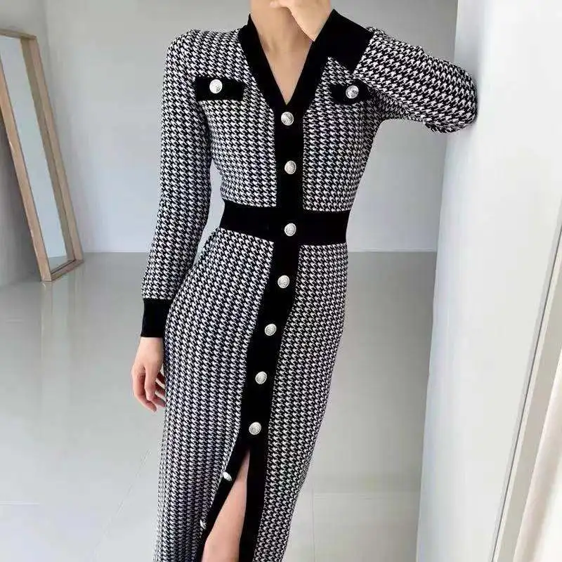 

Винтажные вязаные платья, женские вечерние однобортные платья с v-образным вырезом и высокой талией, вечерние платья