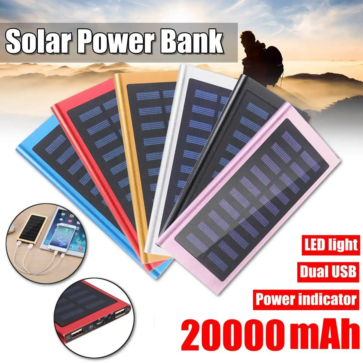 Внешний аккумулятор на солнечной батарее 20000 мАч внешняя батарея 2 USB порта
