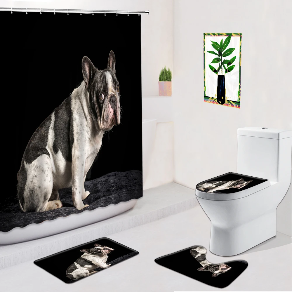

Cute Cat Shower Curtain Bulldog 3D Animal Creativity Bathroom Decor Non-slip Flannel Carpet Bath Mat Door Pad Toilet Cover Set