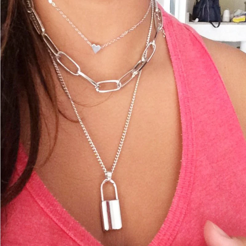 

Hip Hop Multi Layers chain necklace with heart shape lock women men punk rock padlock pendant necklace emo grunge Goth jewelry