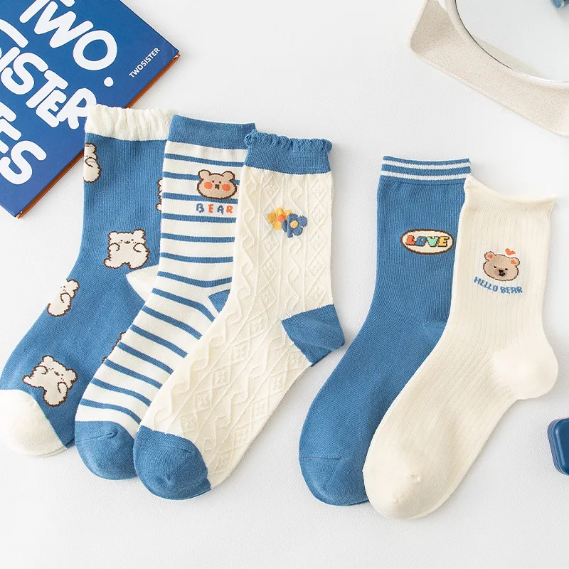 

5 Pairs/Lot Striped Socks, Children, Middle Socks, Spring and Autumn Girls, Stockings, Bears, Ins Girls