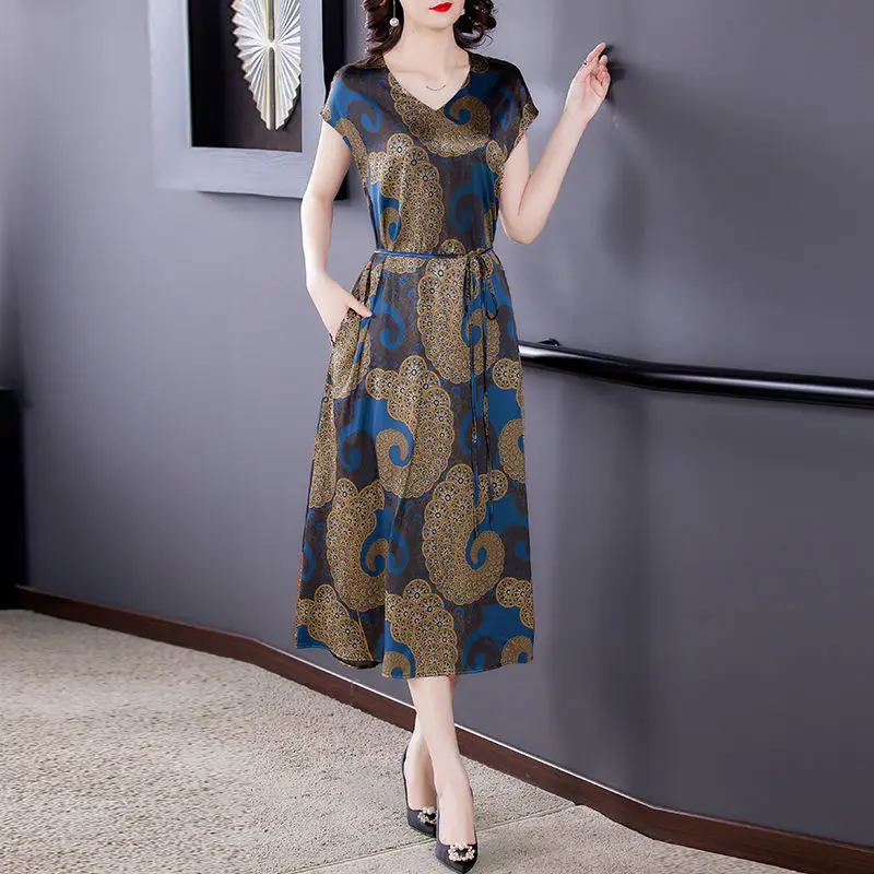 

2021 Women Spring Summer Print Vintage Vestido Lady Casual Short Sleeve Mid-aged Dress Female Slim Lace Up Plus Size Dresses J62