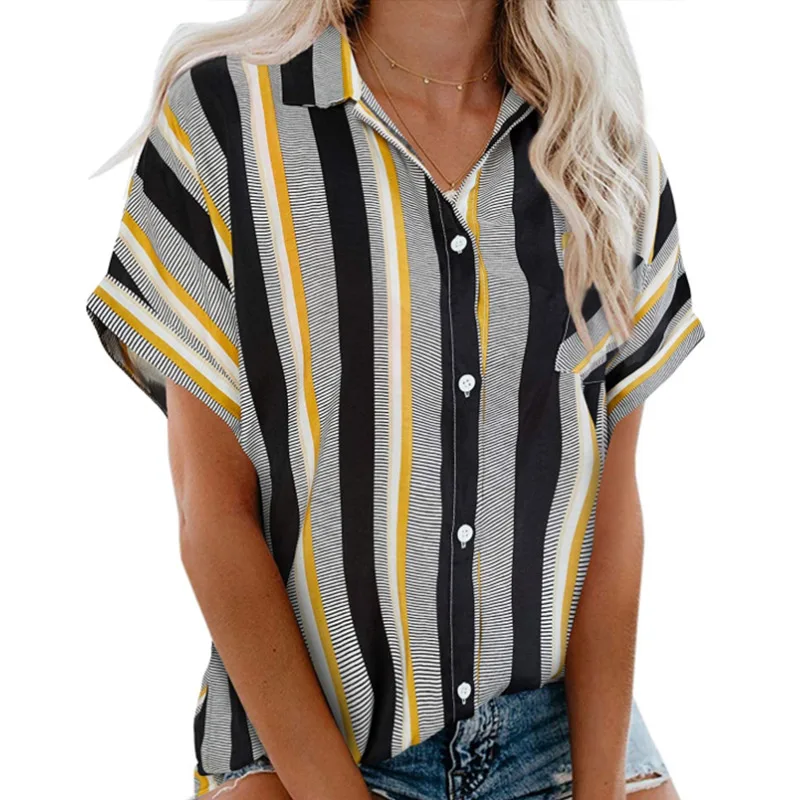 

Women's Striped Short Shirts Casual Turn-down Collar Button Fashion Summer 2021 New Female Shirt Cotton Loose Lady Elegant Tops